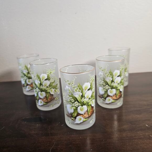 Vintage Indonesian Frosted Glass Victorian  Lily Bouquet Juice Glasses  Set of 4 - Picture 2 of 5